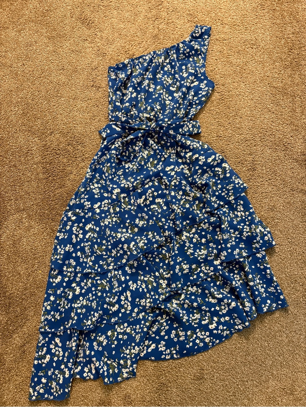 Blue One-Shoulder Floral Dress with Waist Tie